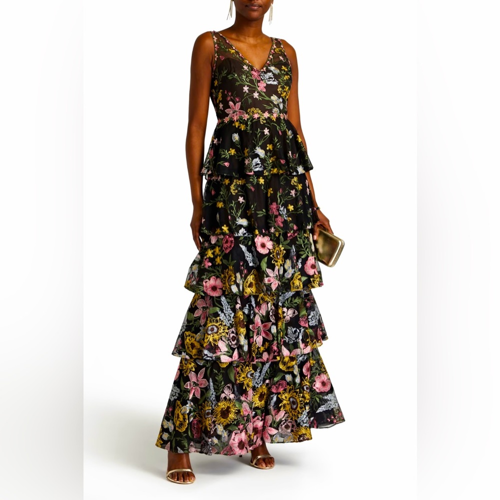 🔴 MARCHESA NOTTE,TIERED EMBROIDERED GOWN - Picture 2 of 13